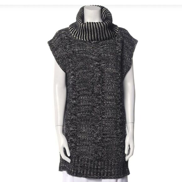 See by Chloe Black White Cable Knit Turtleneck Wool Blend Sweater Dress - Picture 1 of 7